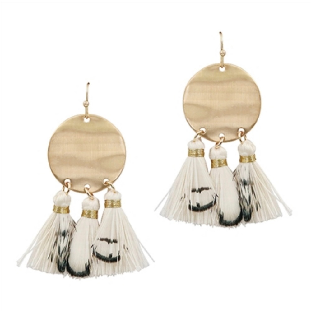 Gold Circle Earrings w/ White Feathers and Tassels